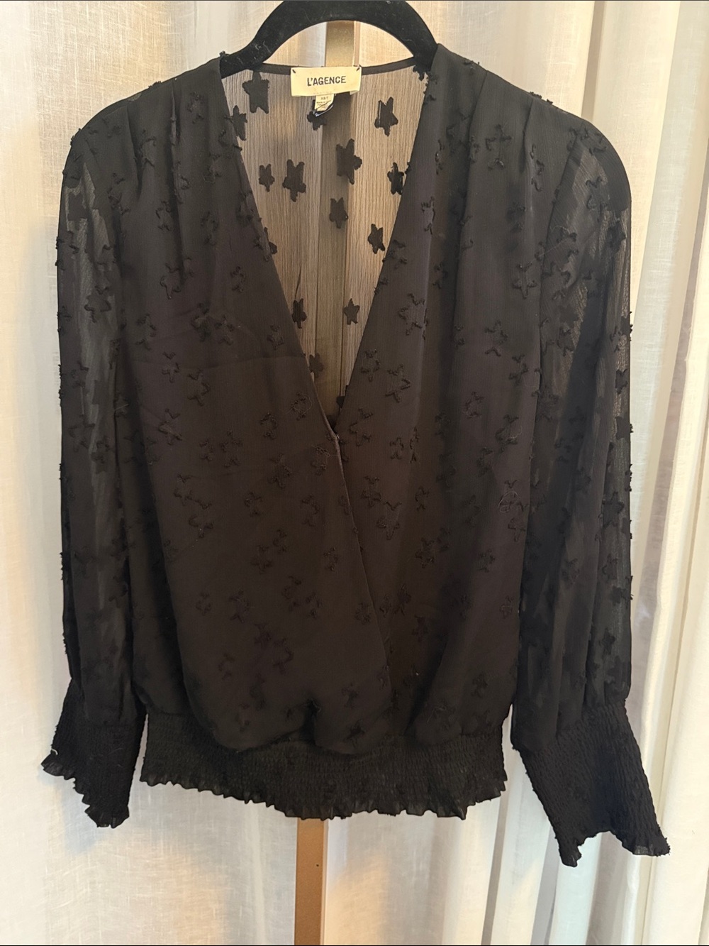 L'AGENCE Black Star-Textured V-Neck Blouse